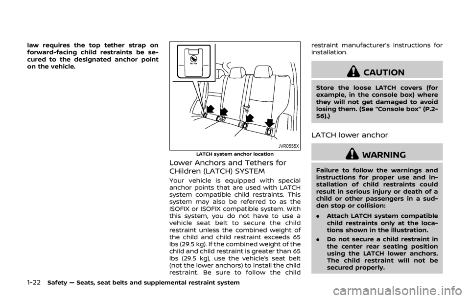 NISSAN QASHQAI 2018  Owner´s Manual 1-22Safety — Seats, seat belts and supplemental restraint system
law requires the top tether strap on
forward-facing child restraints be se-
cured to the designated anchor point
on the vehicle.
JVR0