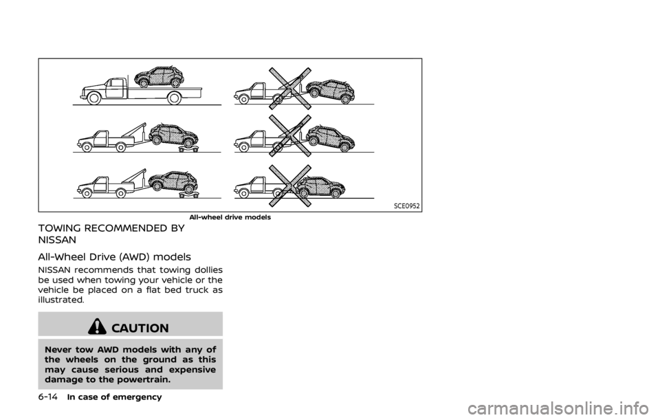 NISSAN QASHQAI 2018  Owner´s Manual 6-14In case of emergency
SCE0952
All-wheel drive models
TOWING RECOMMENDED BY
NISSAN
All-Wheel Drive (AWD) models
NISSAN recommends that towing dollies
be used when towing your vehicle or the
vehicle 