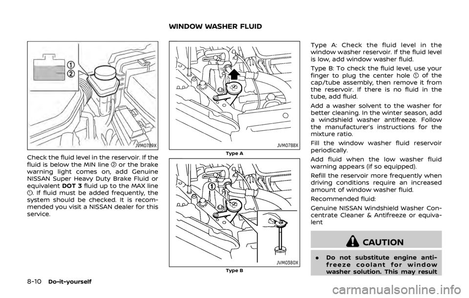 NISSAN QASHQAI 2018 Owner´s Manual 8-10Do-it-yourself
JVM0789X
Check the fluid level in the reservoir. If the
fluid is below the MIN lineor the brake
warning light comes on, add Genuine
NISSAN Super Heavy Duty Brake Fluid or
equivalent NISSAN QASHQAI 2018 Owner´s Manual 8-10Do-it-yourself
JVM0789X
Check the fluid level in the reservoir. If the
fluid is below the MIN lineor the brake
warning light comes on, add Genuine
NISSAN Super Heavy Duty Brake Fluid or
equivalent