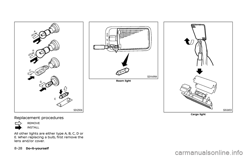 NISSAN QASHQAI 2018  Owner´s Manual 8-28Do-it-yourself
SDI2306
Replacement procedures
: REMOVE
: INSTALL
All other lights are either type A, B, C, D or
E. When replacing a bulb, first remove the
lens and/or cover.
SDI1499A
Room light
SD