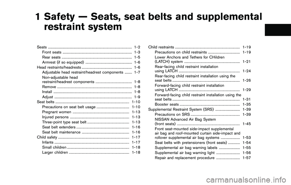 NISSAN QASHQAI 2017  Owner´s Manual 1 Safety — Seats, seat belts and supplemental
restraint system
Seats ............................................................................................ 1-2
Front seats ....................