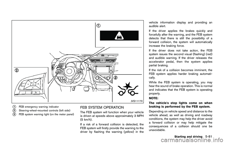 NISSAN QASHQAI 2017 Owner´s Manual JVS1117X
*1FEB emergency warning indicator
*2Steering-wheel-mounted controls (left side)
*3FEB system warning light (on the meter panel)
FEB SYSTEM OPERATION
The FEB system will function when your veh NISSAN QASHQAI 2017 Owner´s Manual JVS1117X
*1FEB emergency warning indicator
*2Steering-wheel-mounted controls (left side)
*3FEB system warning light (on the meter panel)
FEB SYSTEM OPERATION
The FEB system will function when your veh