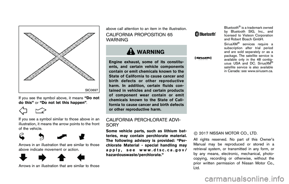 NISSAN QASHQAI 2017 Owner´s Manual SIC0697
If you see the symbol above, it means“Do not
do this”or“Do not let this happen”.
If you see a symbol similar to those above in an
illustration, it means the arrow points to the front
o NISSAN QASHQAI 2017 Owner´s Manual SIC0697
If you see the symbol above, it means“Do not
do this”or“Do not let this happen”.
If you see a symbol similar to those above in an
illustration, it means the arrow points to the front
o
