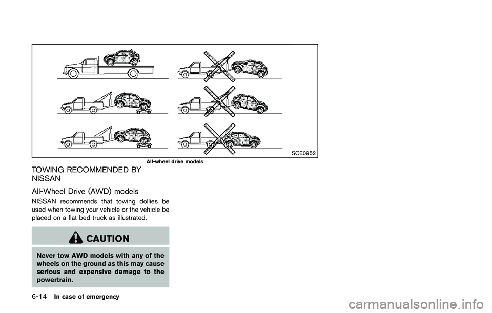 NISSAN QASHQAI 2017 Owner´s Manual 6-14In case of emergency
SCE0952
All-wheel drive models
TOWING RECOMMENDED BY
NISSAN
All-Wheel Drive (AWD) models
NISSAN recommends that towing dollies be
used when towing your vehicle or the vehicle NISSAN QASHQAI 2017 Owner´s Manual 6-14In case of emergency
SCE0952
All-wheel drive models
TOWING RECOMMENDED BY
NISSAN
All-Wheel Drive (AWD) models
NISSAN recommends that towing dollies be
used when towing your vehicle or the vehicle