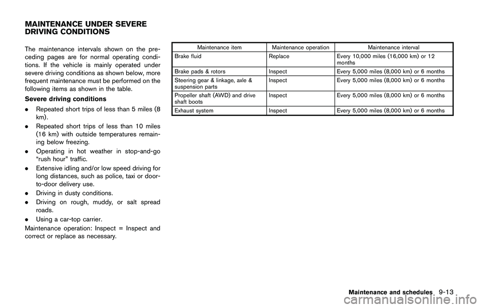 NISSAN QASHQAI 2017 Owner´s Manual The maintenance intervals shown on the pre-
ceding pages are for normal operating condi-
tions. If the vehicle is mainly operated under
severe driving conditions as shown below, more
frequent maintena NISSAN QASHQAI 2017 Owner´s Manual The maintenance intervals shown on the pre-
ceding pages are for normal operating condi-
tions. If the vehicle is mainly operated under
severe driving conditions as shown below, more
frequent maintena