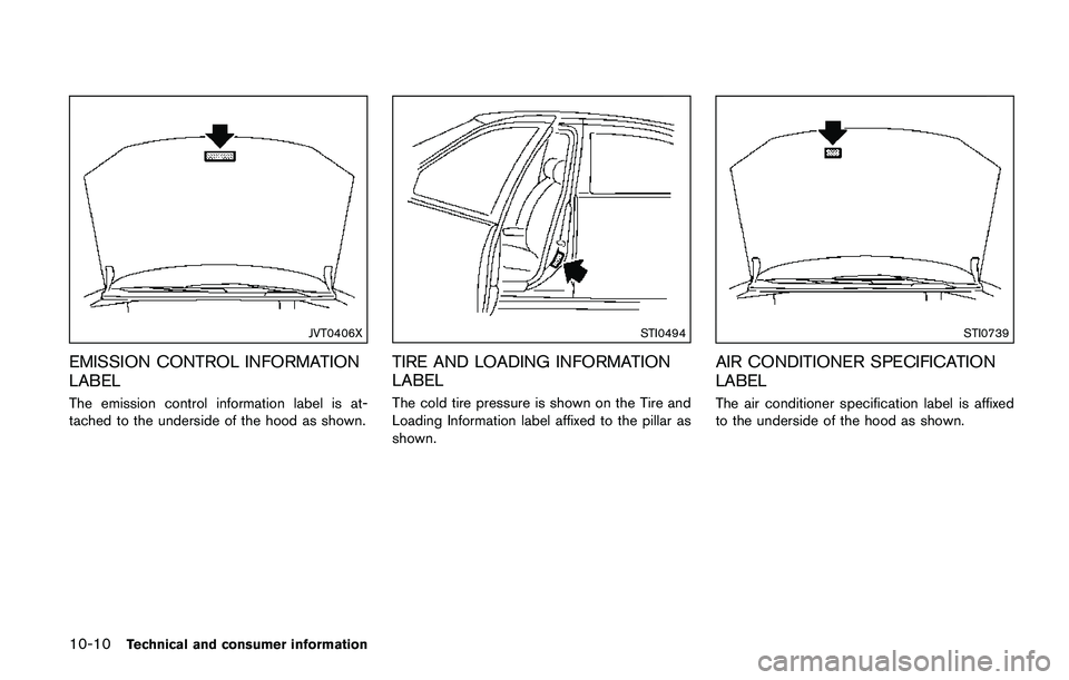 NISSAN QASHQAI 2017 Owner´s Manual 10-10Technical and consumer information
JVT0406X
EMISSION CONTROL INFORMATION
LABEL
The emission control information label is at-
tached to the underside of the hood as shown.
STI0494
TIRE AND LOADING NISSAN QASHQAI 2017 Owner´s Manual 10-10Technical and consumer information
JVT0406X
EMISSION CONTROL INFORMATION
LABEL
The emission control information label is at-
tached to the underside of the hood as shown.
STI0494
TIRE AND LOADING