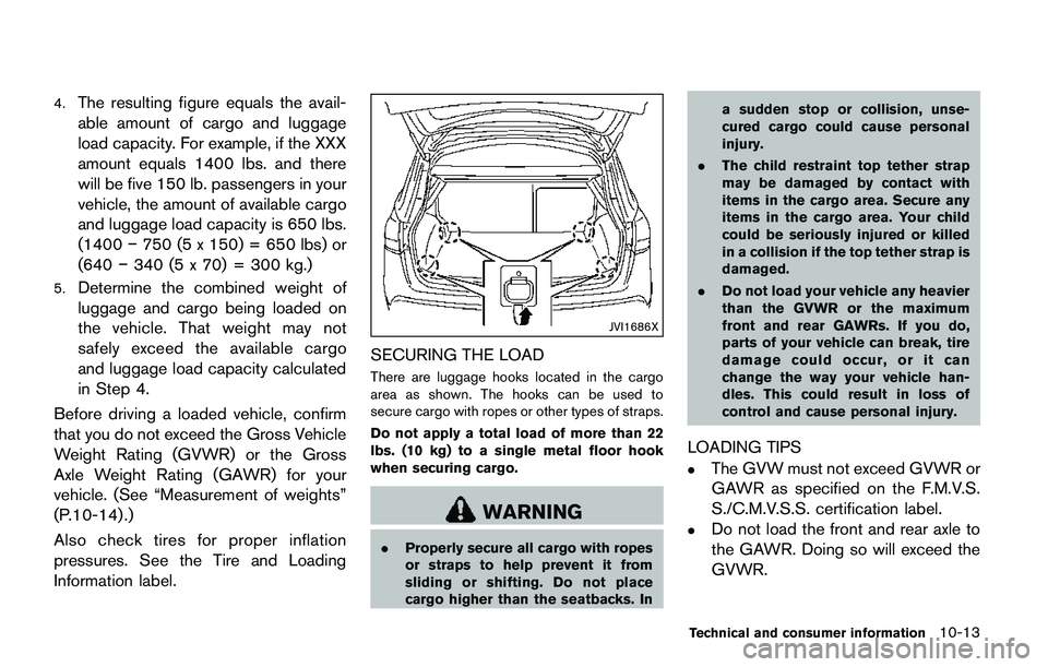 NISSAN QASHQAI 2017 Owner´s Manual 4.The resulting figure equals the avail-
able amount of cargo and luggage
load capacity. For example, if the XXX
amount equals 1400 lbs. and there
will be five 150 lb. passengers in your
vehicle, the NISSAN QASHQAI 2017 Owner´s Manual 4.The resulting figure equals the avail-
able amount of cargo and luggage
load capacity. For example, if the XXX
amount equals 1400 lbs. and there
will be five 150 lb. passengers in your
vehicle, the
