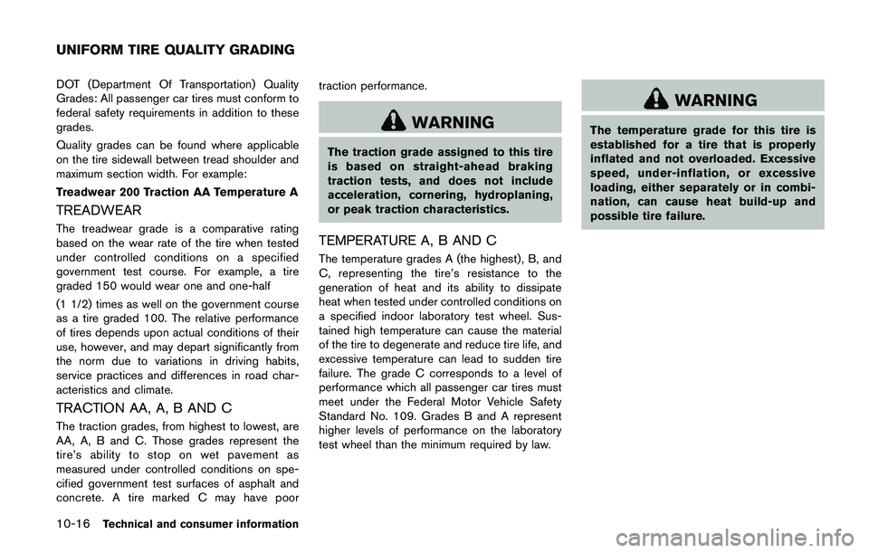 NISSAN QASHQAI 2017 Owner´s Manual 10-16Technical and consumer information
DOT (Department Of Transportation) Quality
Grades: All passenger car tires must conform to
federal safety requirements in addition to these
grades.
Quality grad NISSAN QASHQAI 2017 Owner´s Manual 10-16Technical and consumer information
DOT (Department Of Transportation) Quality
Grades: All passenger car tires must conform to
federal safety requirements in addition to these
grades.
Quality grad