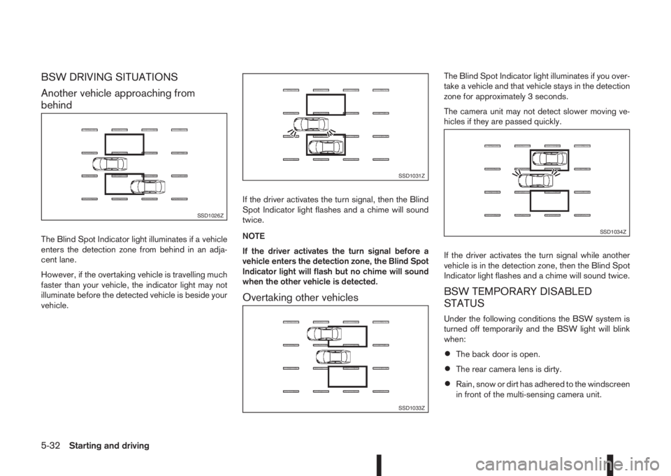 NISSAN QASHQAI 2016 Owner´s Manual BSW DRIVING SITUATIONS
Another vehicle approaching from
behind
The Blind Spot Indicator light illuminates if a vehicle
enters the detection zone from behind in an adja-
cent lane.
However, if the over NISSAN QASHQAI 2016 Owner´s Manual BSW DRIVING SITUATIONS
Another vehicle approaching from
behind
The Blind Spot Indicator light illuminates if a vehicle
enters the detection zone from behind in an adja-
cent lane.
However, if the over