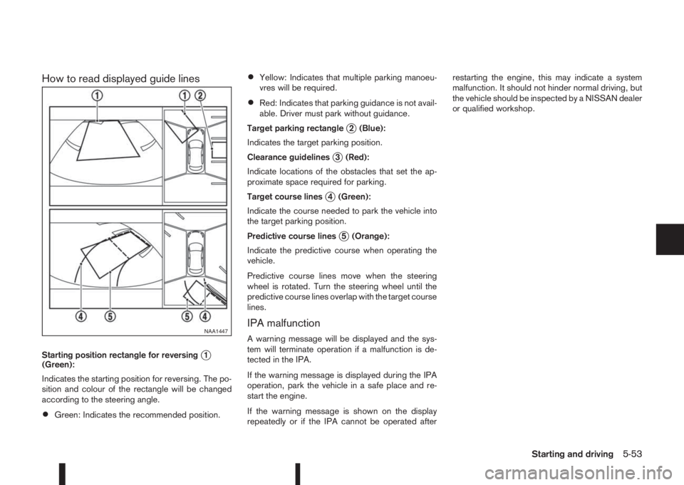 NISSAN QASHQAI 2016  Owner´s Manual How to read displayed guide lines
Starting position rectangle for reversingj1
(Green):
Indicates the starting position for reversing. The po-
sition and colour of the rectangle will be changed
accordi