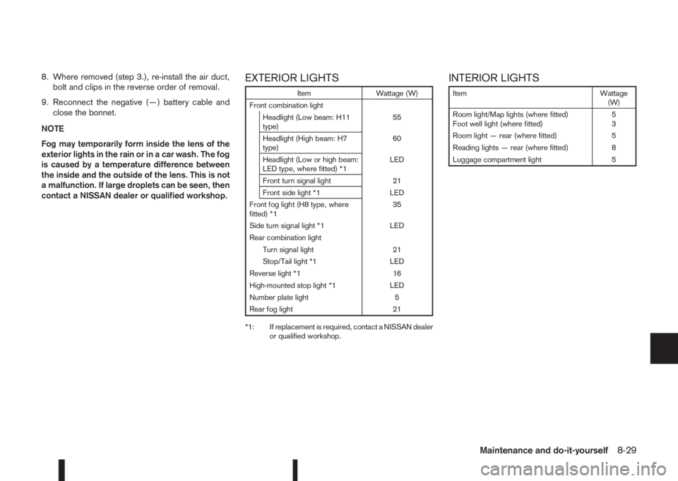 NISSAN QASHQAI 2016  Owner´s Manual 8. Where removed (step 3.), re-install the air duct,
bolt and clips in the reverse order of removal.
9. Reconnect the negative (—) battery cable and
close the bonnet.
NOTE
Fog may temporarily form i