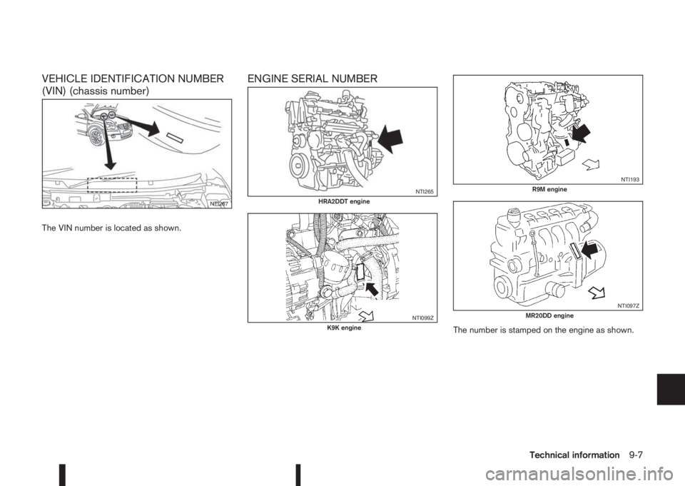 NISSAN QASHQAI 2016 Owner´s Manual VEHICLE IDENTIFICATION NUMBER
(VIN) (chassis number)
The VIN number is located as shown.
ENGINE SERIAL NUMBER
The number is stamped on the engine as shown.
NTI267
NTI265HRA2DDT engine
NTI099ZK9K engin NISSAN QASHQAI 2016 Owner´s Manual VEHICLE IDENTIFICATION NUMBER
(VIN) (chassis number)
The VIN number is located as shown.
ENGINE SERIAL NUMBER
The number is stamped on the engine as shown.
NTI267
NTI265HRA2DDT engine
NTI099ZK9K engin