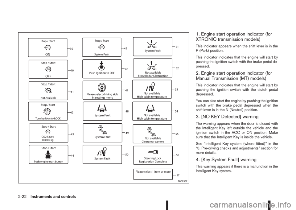 NISSAN QASHQAI 2016  Owner´s Manual 1. Engine start operation indicator (for
XTRONIC transmission models)
This indicator appears when the shift lever is in the
P (Park) position.
This indicator indicates that the engine will start by
pu