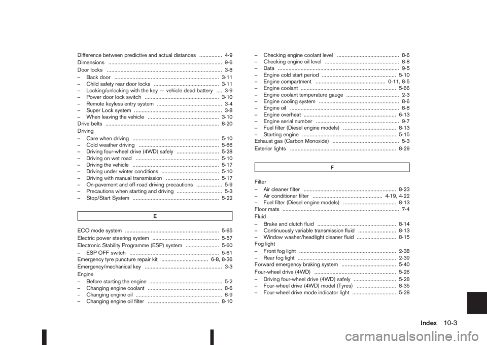 NISSAN QASHQAI 2015  Owner´s Manual Difference between predictive and actual distances ............... 4-9
Dimensions ........................................................................... 9-6
Door locks ...........................