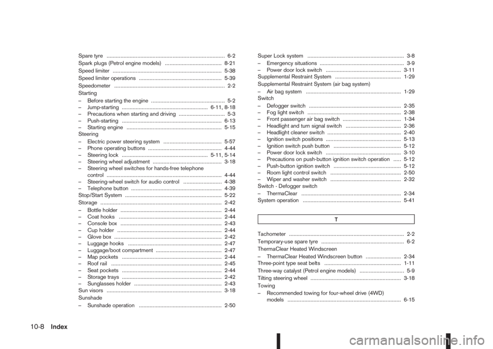 NISSAN QASHQAI 2015  Owner´s Manual Spare tyre ............................................................................. 6-2
Spark plugs (Petrol engine models) ..................................... 8-21
Speed limiter ...............