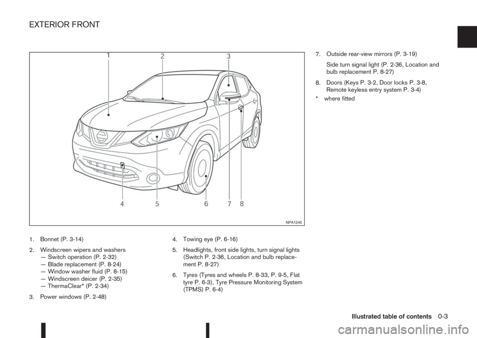 NISSAN QASHQAI 2015 Owner´s Manual 1.Bonnet (P. 3-14)
2.Windscreen wipers and washers
— Switch operation (P. 2-32)
— Blade replacement (P. 8-24)
— Window washer fluid (P. 8-15)
— Windscreen deicer (P. 2-35)
— ThermaClear* (P. NISSAN QASHQAI 2015 Owner´s Manual 1.Bonnet (P. 3-14)
2.Windscreen wipers and washers
— Switch operation (P. 2-32)
— Blade replacement (P. 8-24)
— Window washer fluid (P. 8-15)
— Windscreen deicer (P. 2-35)
— ThermaClear* (P.