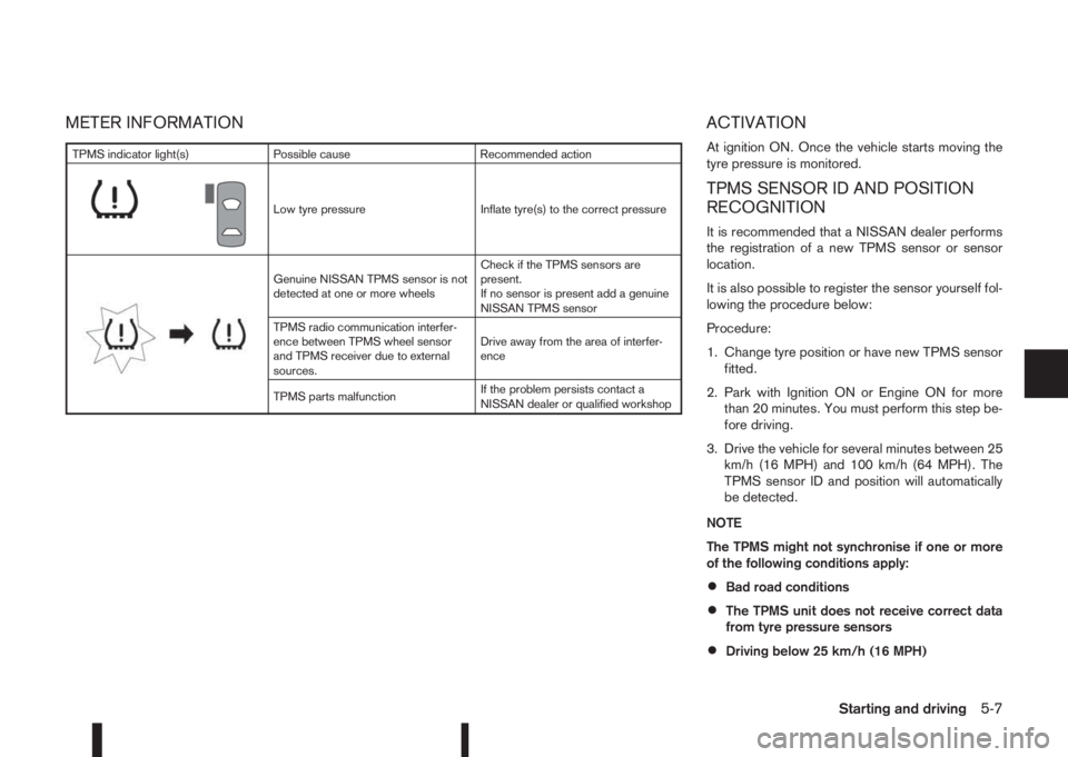 NISSAN QASHQAI 2014  Owner´s Manual METER INFORMATION ACTIVATION
At ignition ON. Once the vehicle starts moving the
tyre pressure is monitored.
TPMS SENSOR ID AND POSITION
RECOGNITION
It is recommended that a NISSAN dealer performs
the 