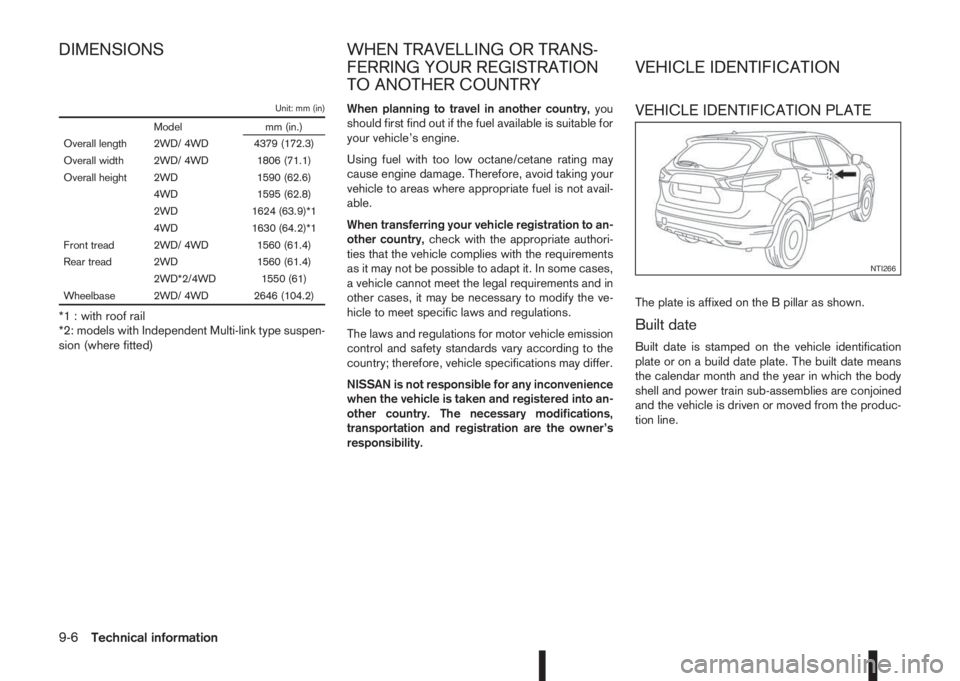 NISSAN QASHQAI 2014 Owner´s Manual Unit: mm (in)
Model mm (in.)
Overall length 2WD/ 4WD 4379 (172.3)
Overall width 2WD/ 4WD 1806 (71.1)
Overall height 2WD 1590 (62.6)
4WD 1595 (62.8)
2WD 1624 (63.9)*1
4WD 1630 (64.2)*1
Front tread 2WD/ NISSAN QASHQAI 2014 Owner´s Manual Unit: mm (in)
Model mm (in.)
Overall length 2WD/ 4WD 4379 (172.3)
Overall width 2WD/ 4WD 1806 (71.1)
Overall height 2WD 1590 (62.6)
4WD 1595 (62.8)
2WD 1624 (63.9)*1
4WD 1630 (64.2)*1
Front tread 2WD/