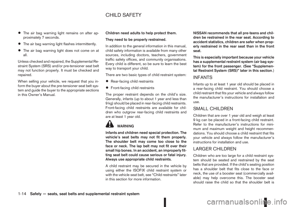 NISSAN QASHQAI 2014 Owner´s Manual •The air bag warning light remains on after ap-
proximately 7 seconds.
•The air bag warning light flashes intermittently.
•The air bag warning light does not come on at
all.
Unless checked and r NISSAN QASHQAI 2014 Owner´s Manual •The air bag warning light remains on after ap-
proximately 7 seconds.
•The air bag warning light flashes intermittently.
•The air bag warning light does not come on at
all.
Unless checked and r