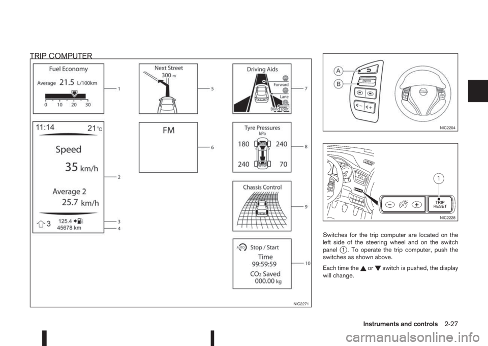 NISSAN QASHQAI 2014  Owner´s Manual TRIP COMPUTER
Switches for the trip computer are located on the
left side of the steering wheel and on the switch
panel
j1 . To operate the trip computer, push the
switches as shown above.
Each time t