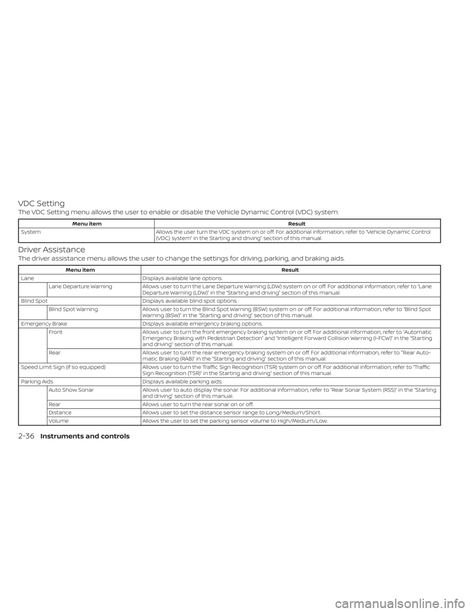 NISSAN SENTRA 2020  Owner´s Manual VDC Setting
The VDC Setting menu allows the user to enable or disable the Vehicle Dynamic Control (VDC) system.
Menu itemResult
System Allows the user turn the VDC system on or off. For additional inf