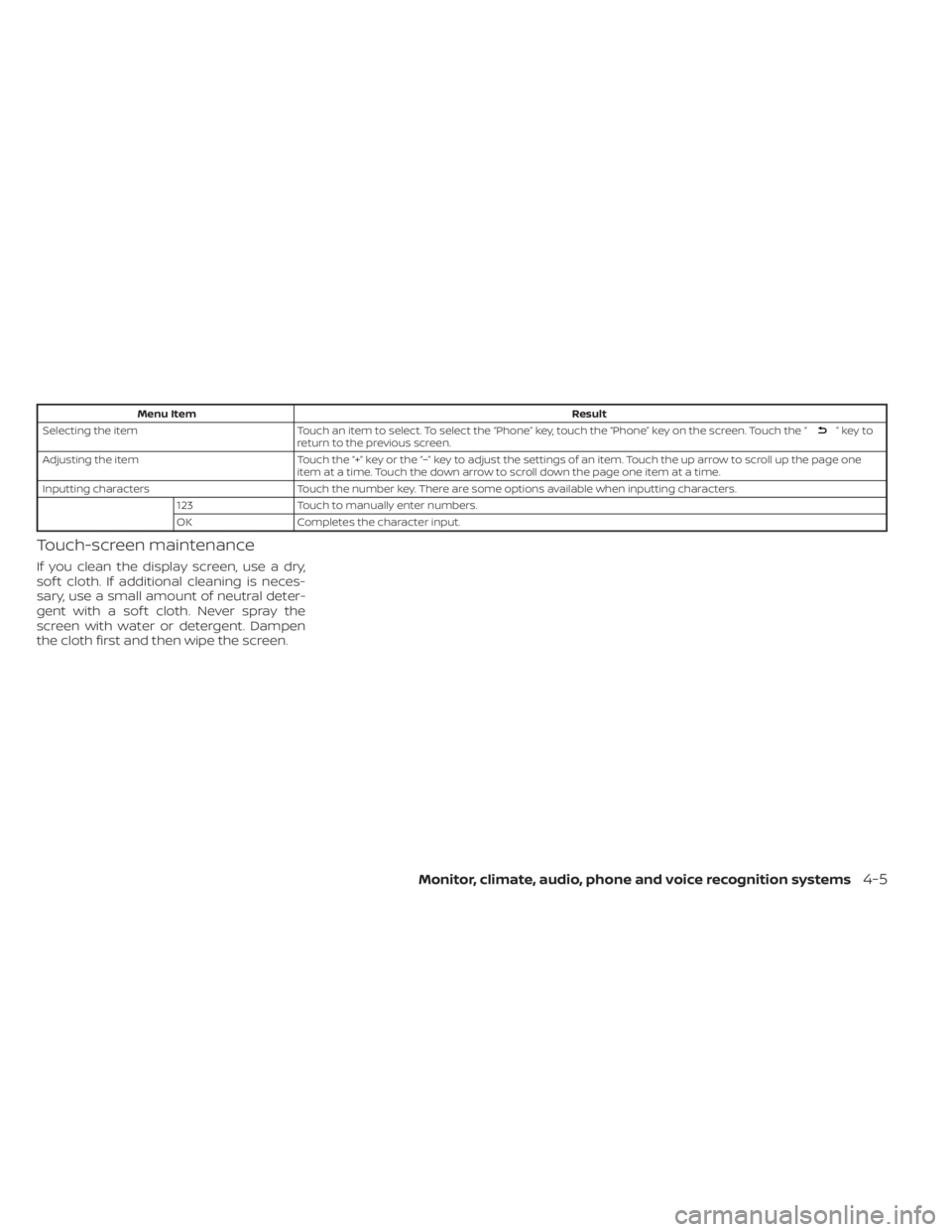 NISSAN SENTRA 2020 Owner´s Manual Menu ItemResult
Selecting the item Touch an item to select. To select the “Phone” key, touch the “Phone” key on the screen. Touch the “
”keyto
return to the previous screen.
Adjusting the NISSAN SENTRA 2020 Owner´s Manual Menu ItemResult
Selecting the item Touch an item to select. To select the “Phone” key, touch the “Phone” key on the screen. Touch the “
”keyto
return to the previous screen.
Adjusting the