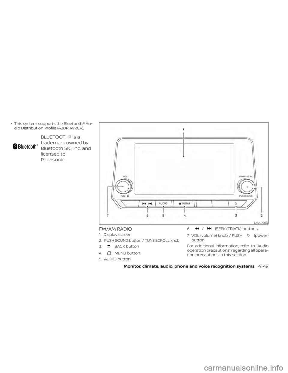 NISSAN SENTRA 2020  Owner´s Manual • This system supports the Bluetooth® Au-dio Distribution Profile (A2DP, AVRCP).
BLUETOOTH® is a
trademark owned by
Bluetooth SIG, Inc. and
licensed to
Panasonic.
FM/AM RADIO
1. Display screen
2.

