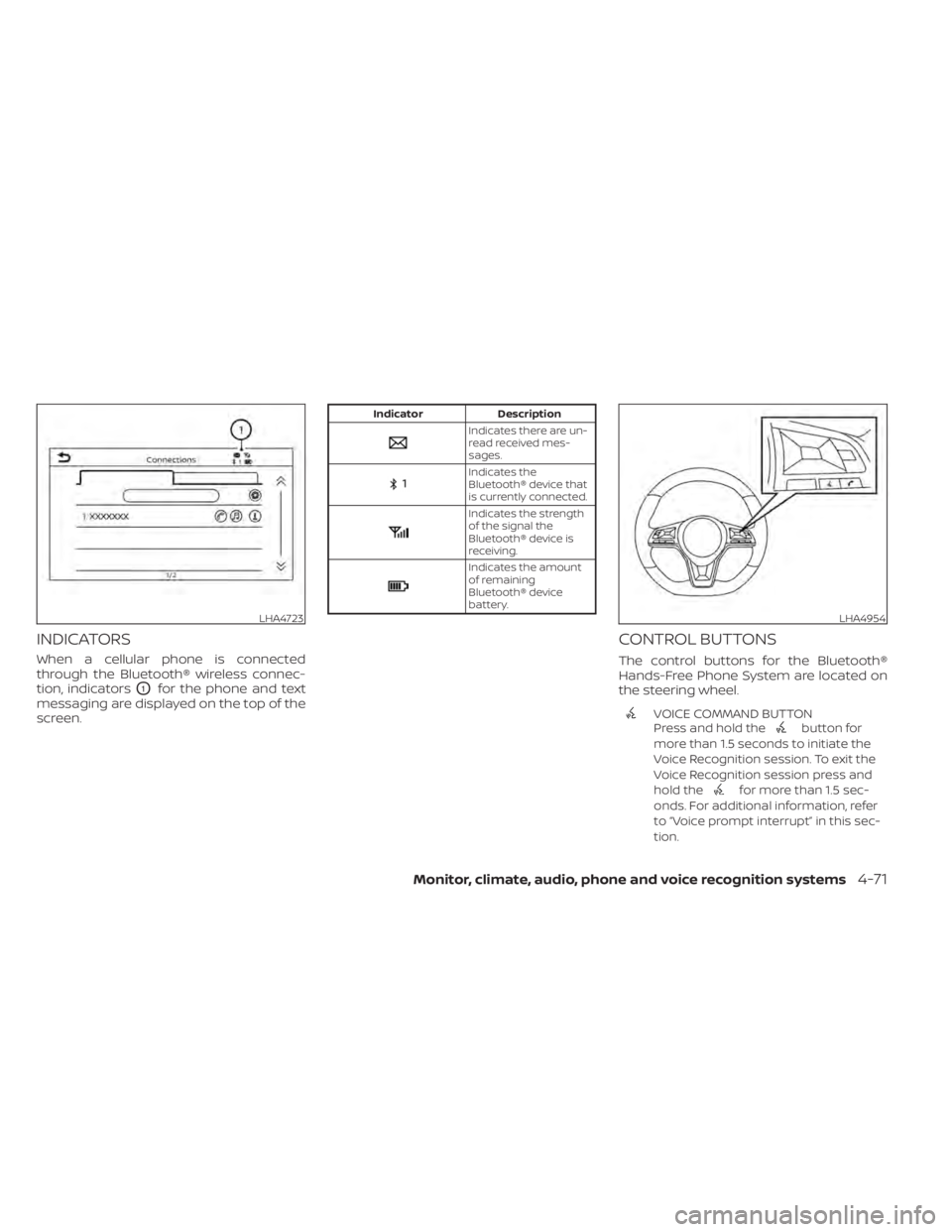 NISSAN SENTRA 2020  Owner´s Manual INDICATORS
When a cellular phone is connected
through the Bluetooth® wireless connec-
tion, indicators
O1for the phone and text
messaging are displayed on the top of the
screen.
Indicator Description
