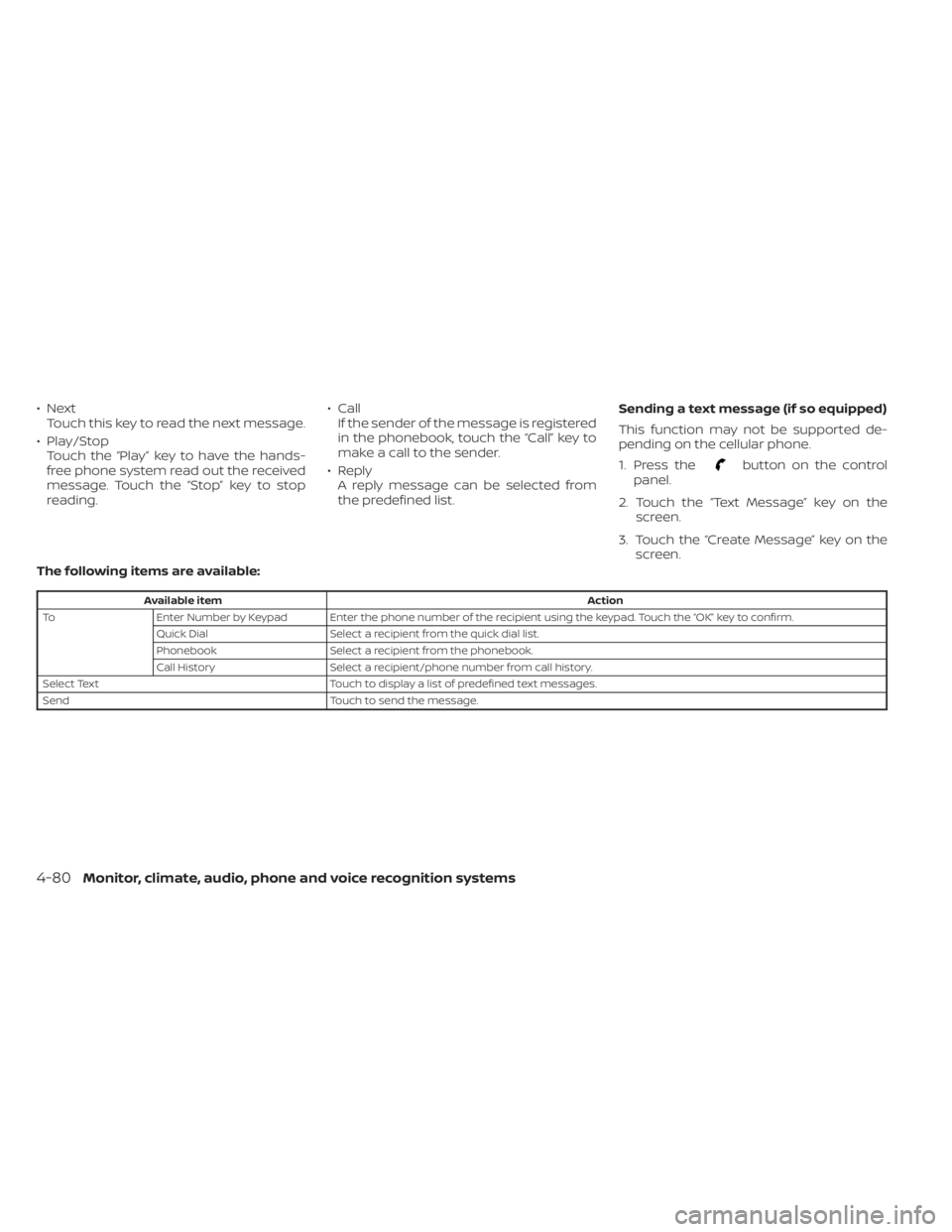 NISSAN SENTRA 2020 Owner´s Manual •NextTouch this key to read the next message.
• Play/Stop Touch the “Play ” key to have the hands-
free phone system read out the received
message. Touch the “Stop” key to stop
reading. NISSAN SENTRA 2020 Owner´s Manual •NextTouch this key to read the next message.
• Play/Stop Touch the “Play ” key to have the hands-
free phone system read out the received
message. Touch the “Stop” key to stop
reading.