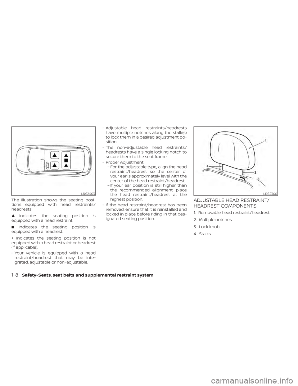 NISSAN SENTRA 2020  Owner´s Manual The illustration shows the seating posi-
tions equipped with head restraints/
headrests.
Indicates the seating position is
equipped with a head restraint.
 Indicates the seating position is
equipped