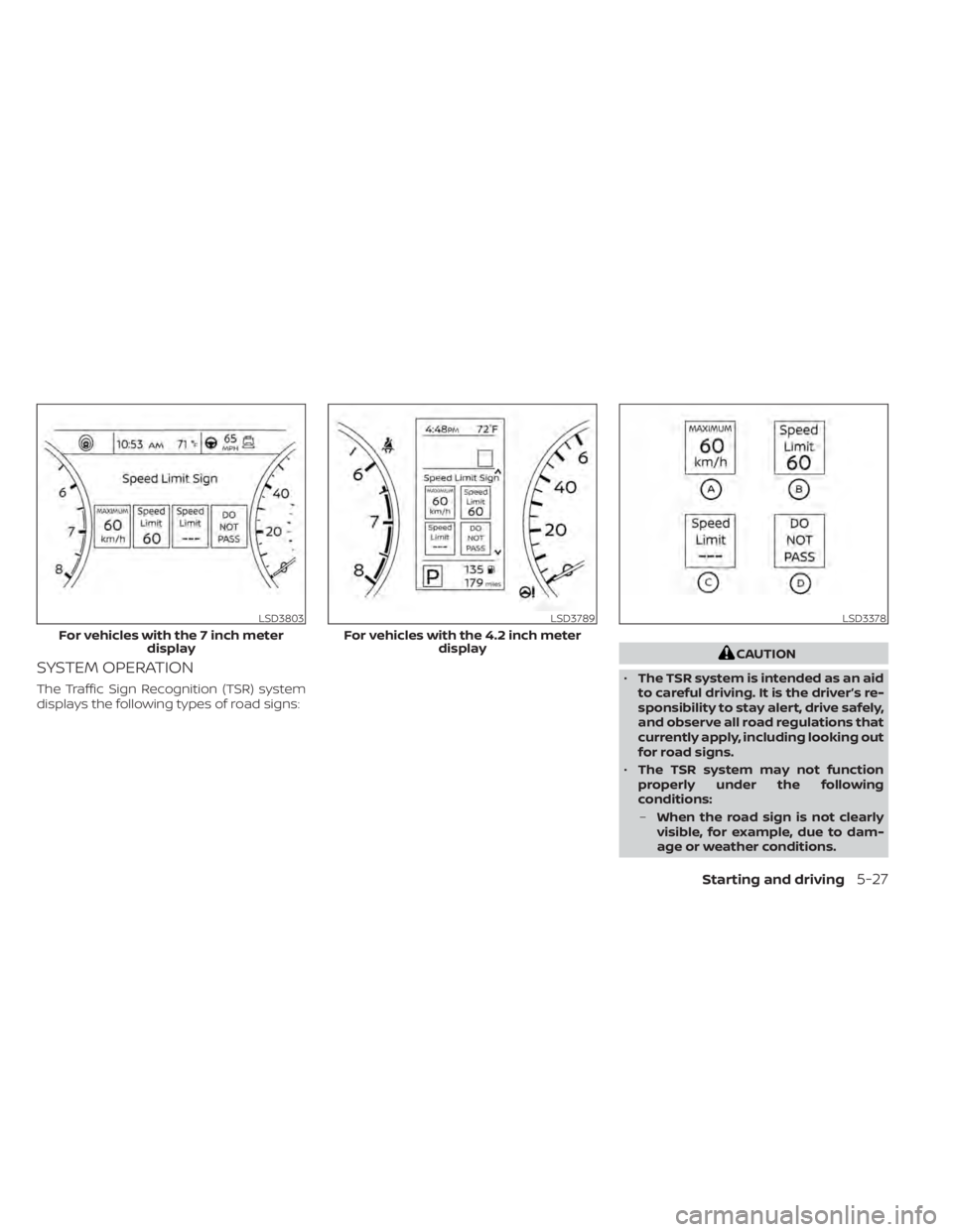 NISSAN SENTRA 2020 Owner´s Manual SYSTEM OPERATION
The Traffic Sign Recognition (TSR) system
displays the following types of road signs:
CAUTION
• The TSR system is intended as an aid
to careful driving. It is the driver’s re-
spo NISSAN SENTRA 2020 Owner´s Manual SYSTEM OPERATION
The Traffic Sign Recognition (TSR) system
displays the following types of road signs:
CAUTION
• The TSR system is intended as an aid
to careful driving. It is the driver’s re-
spo