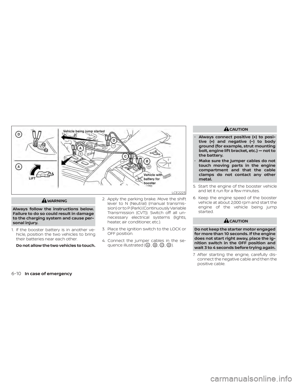 NISSAN SENTRA 2020  Owner´s Manual WARNING
Always follow the instructions below.
Failure to do so could result in damage
to the charging system and cause per-
sonal injury.
1. If the booster battery is in another ve- hicle, position th