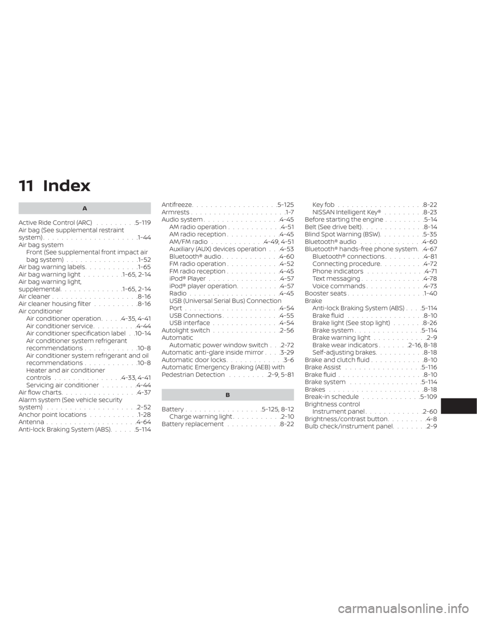 NISSAN SENTRA 2020  Owner´s Manual 11 Index
A
Active Ride Control (ARC).........5-119Air bag (See supplemental restraint
system).....................1-44Air bag system
Front (See supplemental front impact air
bag system)
..............