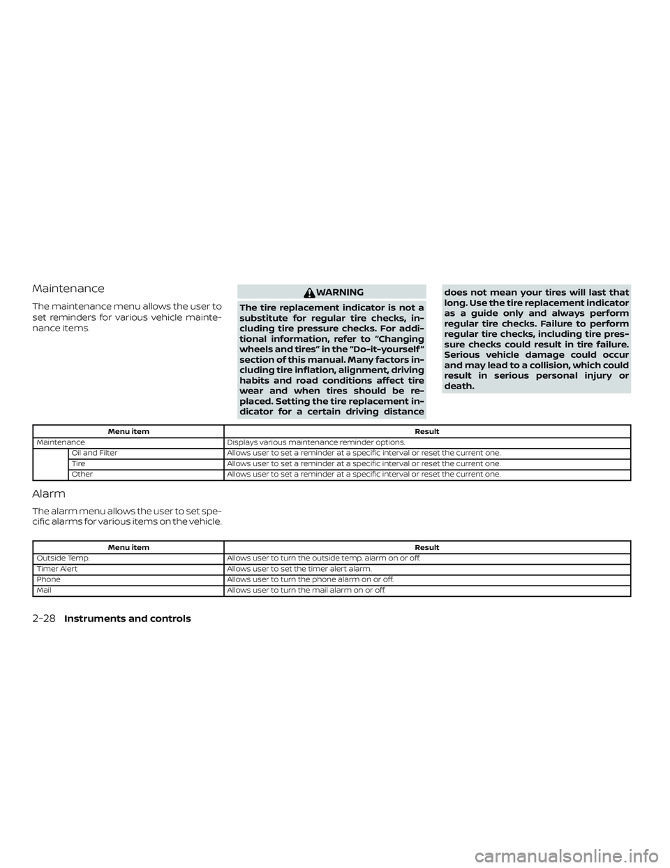 NISSAN SENTRA 2019 Owner´s Manual Maintenance
The maintenance menu allows the user to
set reminders for various vehicle mainte-
nance items.
WARNING
The tire replacement indicator is not a
substitute for regular tire checks, in-
cludi NISSAN SENTRA 2019 Owner´s Manual Maintenance
The maintenance menu allows the user to
set reminders for various vehicle mainte-
nance items.
WARNING
The tire replacement indicator is not a
substitute for regular tire checks, in-
cludi