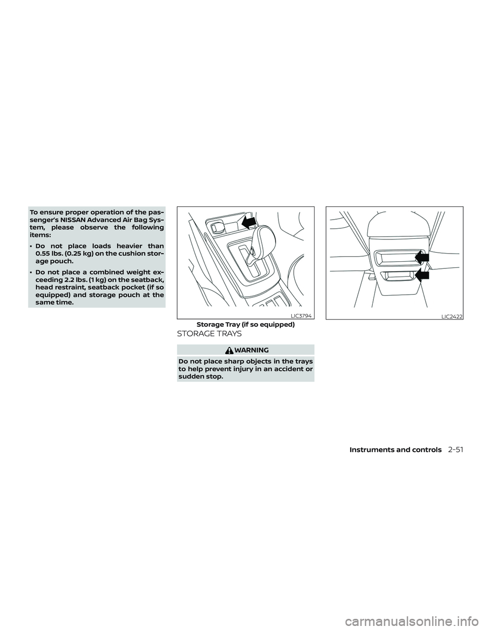 NISSAN SENTRA 2019 Owner´s Manual To ensure proper operation of the pas-
senger’s NISSAN Advanced Air Bag Sys-
tem, please observe the following
items:
∙ Do not place loads heavier than0.55 lbs. (0.25 kg) on the cushion stor-
age NISSAN SENTRA 2019 Owner´s Manual To ensure proper operation of the pas-
senger’s NISSAN Advanced Air Bag Sys-
tem, please observe the following
items:
∙ Do not place loads heavier than0.55 lbs. (0.25 kg) on the cushion stor-
age