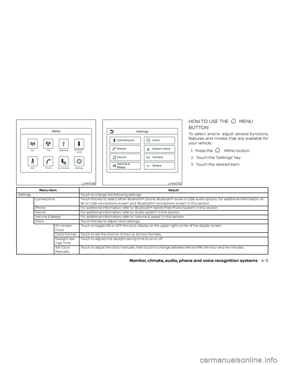 NISSAN SENTRA 2019 Owner´s Manual HOW TO USE THEMENU
BUTTON
To select and/or adjust several functions,
features and modes that are available for
your vehicle:
1. Press the
MENU button.
2. Touch the “Settings” key.
3. Touch the des NISSAN SENTRA 2019 Owner´s Manual HOW TO USE THEMENU
BUTTON
To select and/or adjust several functions,
features and modes that are available for
your vehicle:
1. Press the
MENU button.
2. Touch the “Settings” key.
3. Touch the des