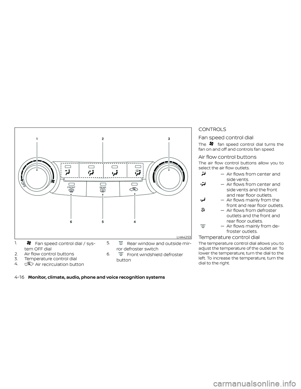 NISSAN SENTRA 2019  Owner´s Manual 1.Fan speed control dial / sys-
tem OFF dial
2. Air flow control buttons
3. Temperature control dial
4.
Air recirculation button 5.
Rear window and outside mir-
ror defroster switch
6.
Front windshiel