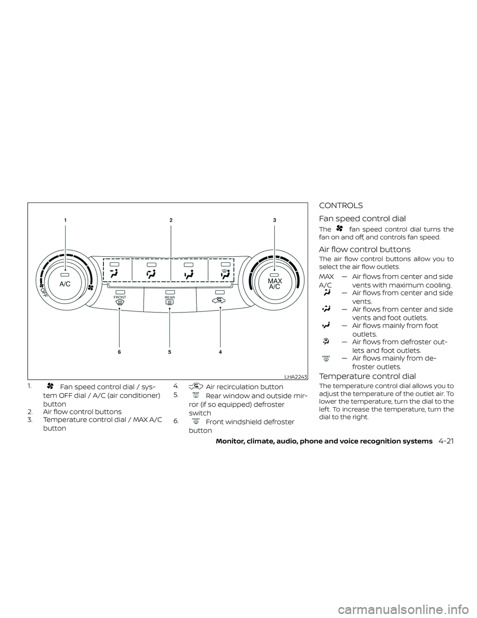 NISSAN SENTRA 2019  Owner´s Manual 1.Fan speed control dial / sys-
tem OFF dial / A/C (air conditioner)
button
2. Air flow control buttons
3. Temperature control dial / MAX A/C
button 4.Air recirculation button
5.
Rear window and outsi