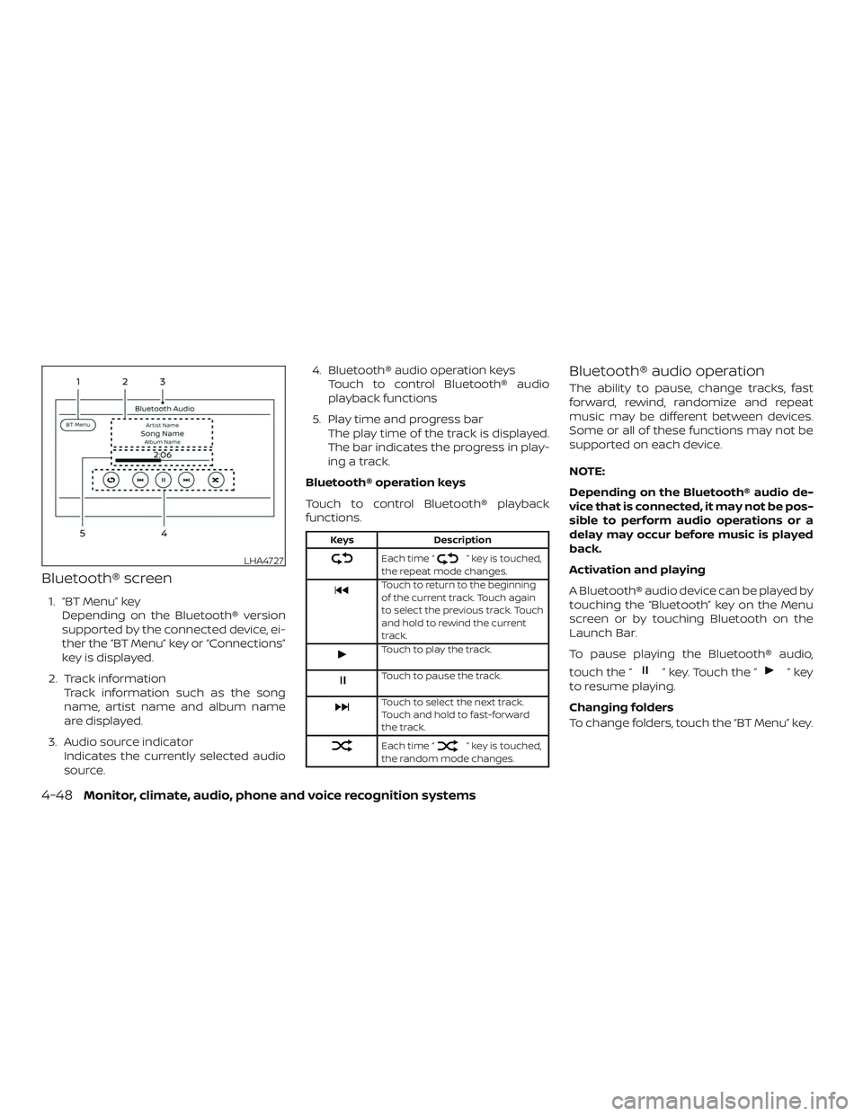 NISSAN SENTRA 2019 Owner´s Manual Bluetooth® screen
1. “BT Menu” keyDepending on the Bluetooth® version
supported by the connected device, ei-
ther the “BT Menu” key or “Connections”
key is displayed.
2. Track informatio NISSAN SENTRA 2019 Owner´s Manual Bluetooth® screen
1. “BT Menu” keyDepending on the Bluetooth® version
supported by the connected device, ei-
ther the “BT Menu” key or “Connections”
key is displayed.
2. Track informatio