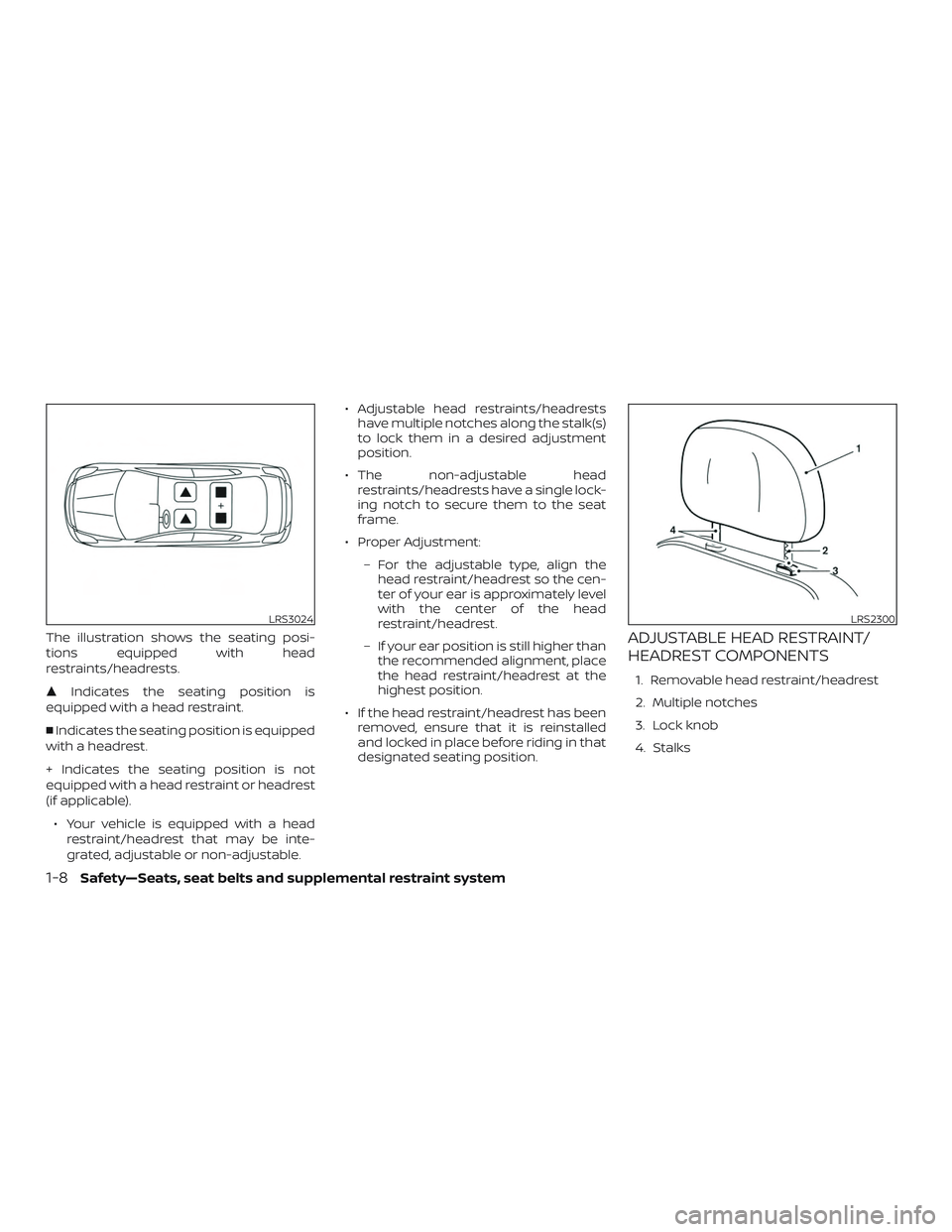 NISSAN SENTRA 2019  Owner´s Manual The illustration shows the seating posi-
tions equipped with head
restraints/headrests.
Indicates the seating position is
equipped with a head restraint.
 Indicates the seating position is equipped
