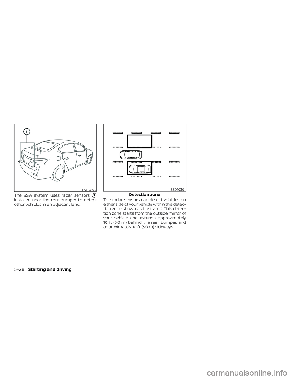 NISSAN SENTRA 2019  Owner´s Manual The BSW system uses radar sensors1
installed near the rear bumper to detect
other vehicles in an adjacent lane.The radar sensors can detect vehicles on
either side of your vehicle within the detec-
t
