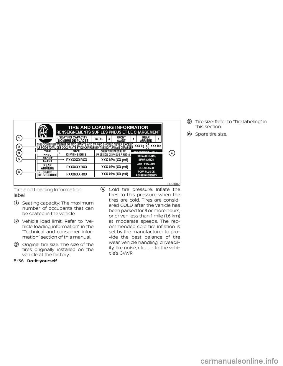 NISSAN SENTRA 2019  Owner´s Manual Tire and Loading Information
label
1Seating capacity: The maximum
number of occupants that can
be seated in the vehicle.
2Vehicle load limit: Refer to “Ve-
hicle loading information” in the
“T