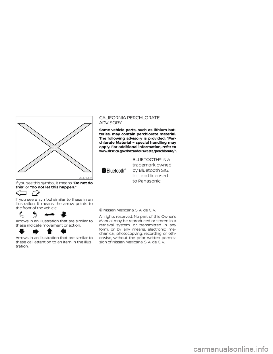 NISSAN SENTRA 2019  Owner´s Manual If you see this symbol, it means“Do not do
this” or“Do not let this happen.”
If you see a symbol similar to these in an
illustration, it means the arrow points to
the front of the vehicle.
Arr