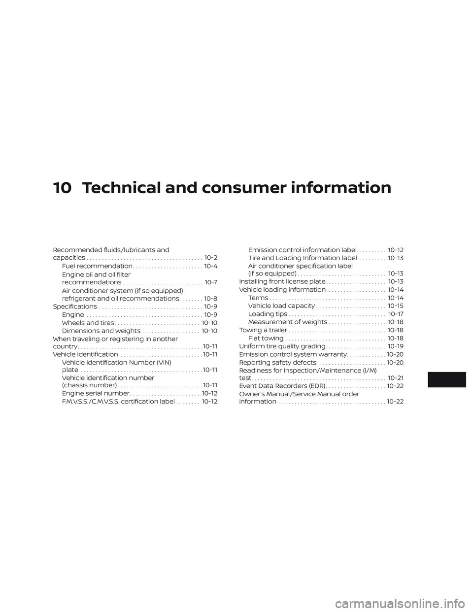 NISSAN SENTRA 2019 Owner´s Manual 10 Technical and consumer information
Recommended fluids/lubricants and
capacities...................................... 10-2
Fuel recommendation ....................... 10-4
Engine oil and oil filter NISSAN SENTRA 2019 Owner´s Manual 10 Technical and consumer information
Recommended fluids/lubricants and
capacities...................................... 10-2
Fuel recommendation ....................... 10-4
Engine oil and oil filter