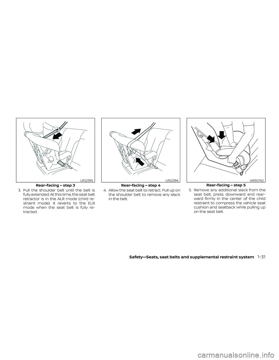 NISSAN SENTRA 2019  Owner´s Manual 3. Pull the shoulder belt until the belt isfully extended. At this time, the seat belt
retractor is in the ALR mode (child re-
straint mode). It reverts to the ELR
mode when the seat belt is fully re-