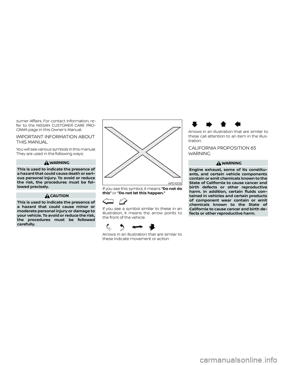 NISSAN SENTRA 2018  Owner´s Manual sumer Affairs. For contact information, re-
fer to the NISSAN CUSTOMER CARE PRO-
GRAM page in this Owner’s Manual.
IMPORTANT INFORMATION ABOUT
THIS MANUAL
You will see various symbols in this manual