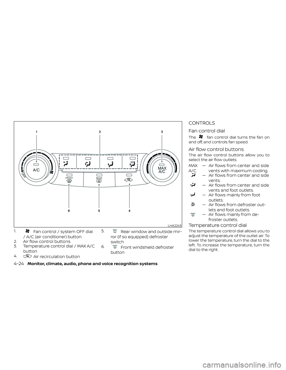 NISSAN SENTRA 2018 Owner´s Manual 1.Fan control / system OFF dial
/ A/C (air conditioner) button
2. Air flow control buttons
3. Temperature control dial / MAX A/C
button
4.
Air recirculation button 5.
Rear window and outside mir-
ror NISSAN SENTRA 2018 Owner´s Manual 1.Fan control / system OFF dial
/ A/C (air conditioner) button
2. Air flow control buttons
3. Temperature control dial / MAX A/C
button
4.
Air recirculation button 5.
Rear window and outside mir-
ror