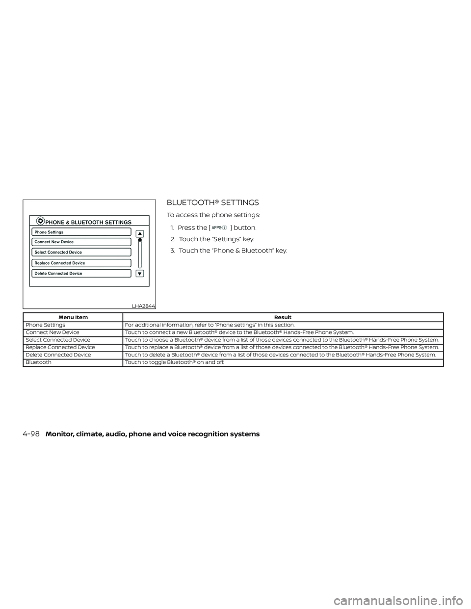 NISSAN SENTRA 2018  Owner´s Manual BLUETOOTH® SETTINGS
To access the phone settings:1. Press the [
] button.
2. Touch the “Settings” key.
3. Touch the “Phone & Bluetooth” key.
Menu Item Result
Phone Settings For additional inf