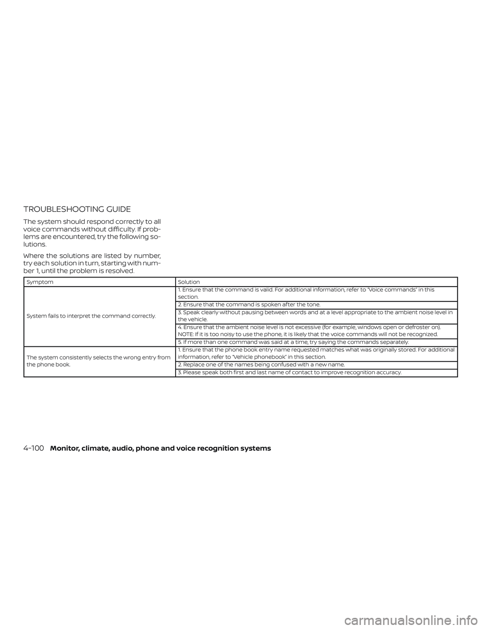 NISSAN SENTRA 2018 Owner´s Manual TROUBLESHOOTING GUIDE
The system should respond correctly to all
voice commands without difficulty. If prob-
lems are encountered, try the following so-
lutions.
Where the solutions are listed by numb NISSAN SENTRA 2018 Owner´s Manual TROUBLESHOOTING GUIDE
The system should respond correctly to all
voice commands without difficulty. If prob-
lems are encountered, try the following so-
lutions.
Where the solutions are listed by numb
