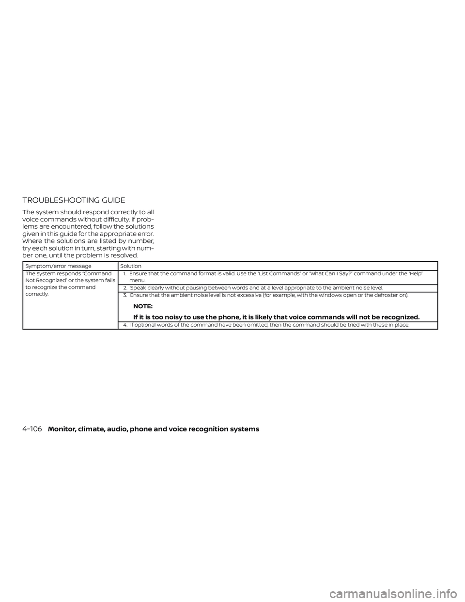 NISSAN SENTRA 2018 Owner´s Manual TROUBLESHOOTING GUIDE
The system should respond correctly to all
voice commands without difficulty. If prob-
lems are encountered, follow the solutions
given in this guide for the appropriate error.
W NISSAN SENTRA 2018 Owner´s Manual TROUBLESHOOTING GUIDE
The system should respond correctly to all
voice commands without difficulty. If prob-
lems are encountered, follow the solutions
given in this guide for the appropriate error.
W